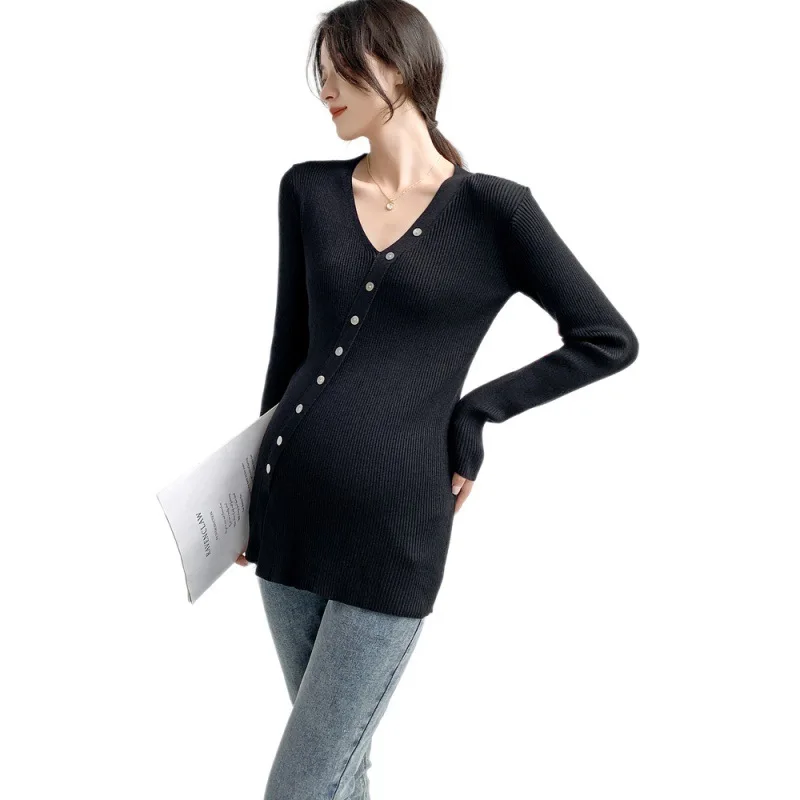 Korean Style Maternity Sweater Early Autumn New Irregular V-neck Unique All-match High Elastic Inner Sweater Pregnant Clothes