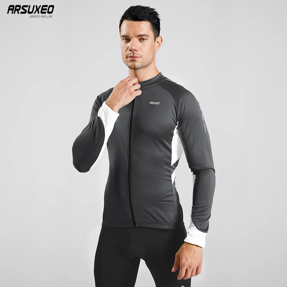 ARSUXEO Men's Long Sleeve Cycling Jersey Quick Dry Bicycle Shirts Mountain Bike Jersey MTB Clothing Pockets Spring Autumn 6030