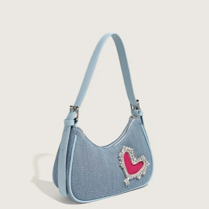 JIAERDI Retro Denim Y2k Bags Purse Women Harajukuu Heart Rhinestone Zipper Casual Shoulder Bags Ladies Vintage Trendy Handbag