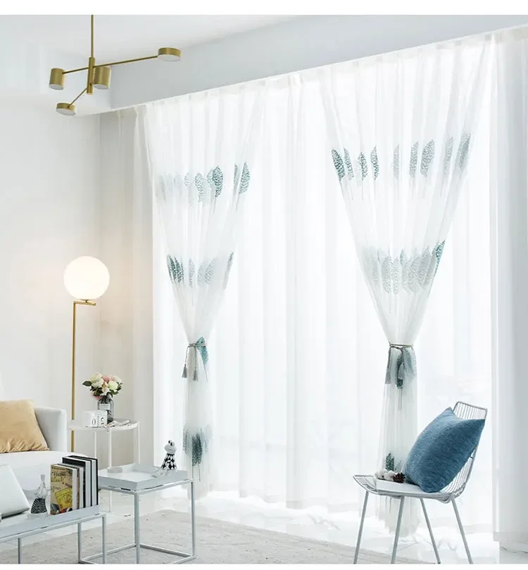 Description Picture 5 of itemEmbroidered Screen Window Screen Blue White Double Tree Gauze  Tulle 1PC Curtains Living Room Bedroom Balcony Bay Window Leaf