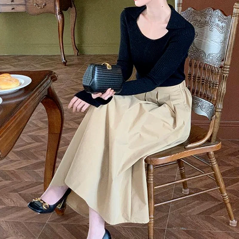 

Skirts Women Elegant French All-match Office Lady Simple Solid Folds Female Street A-line Hipster Sundress Vintage Elastic Waist