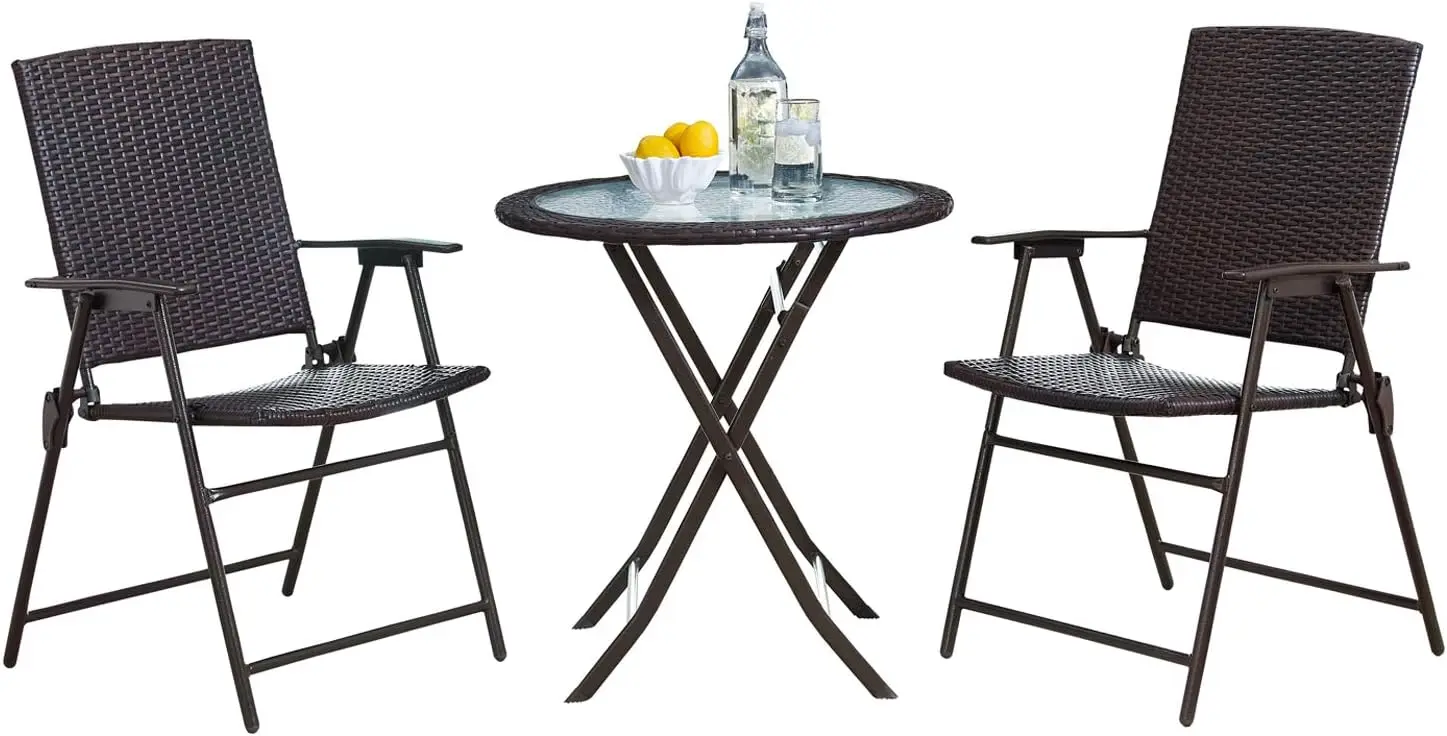 Outdoor 3 Pieces Wicker Folding Bistro Set, Balcony Table and Chairs Sets, Garden Backyard Furniture