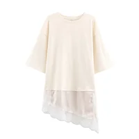 2025 Winter New Product Women's Slim Straight Round Neck Short Sleeve Asymmetric Hemp Splicing Lace T-shirt - Image 2