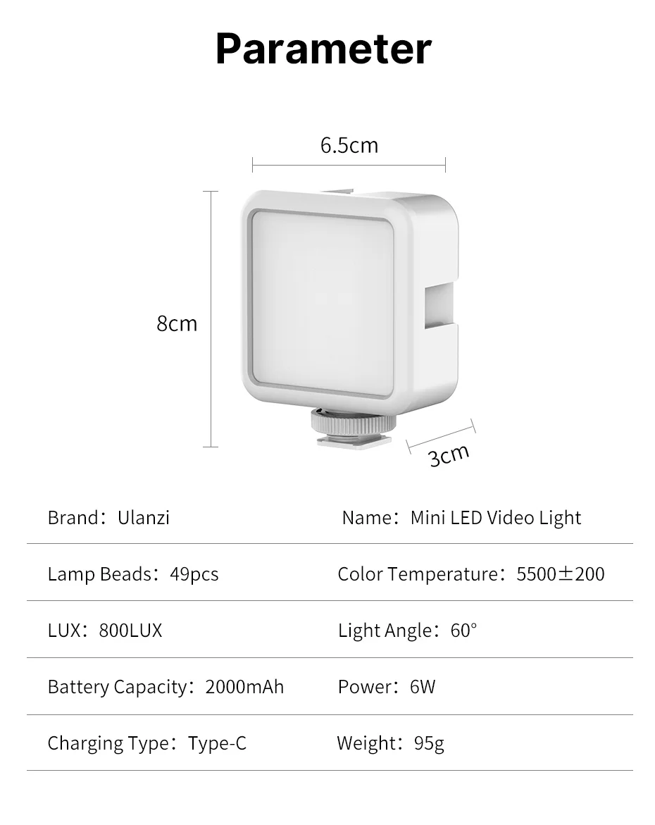 VL49 Mini LED Video Light 2000mAh CRI 95+ 5500K Portable Photography Vlogger Fil