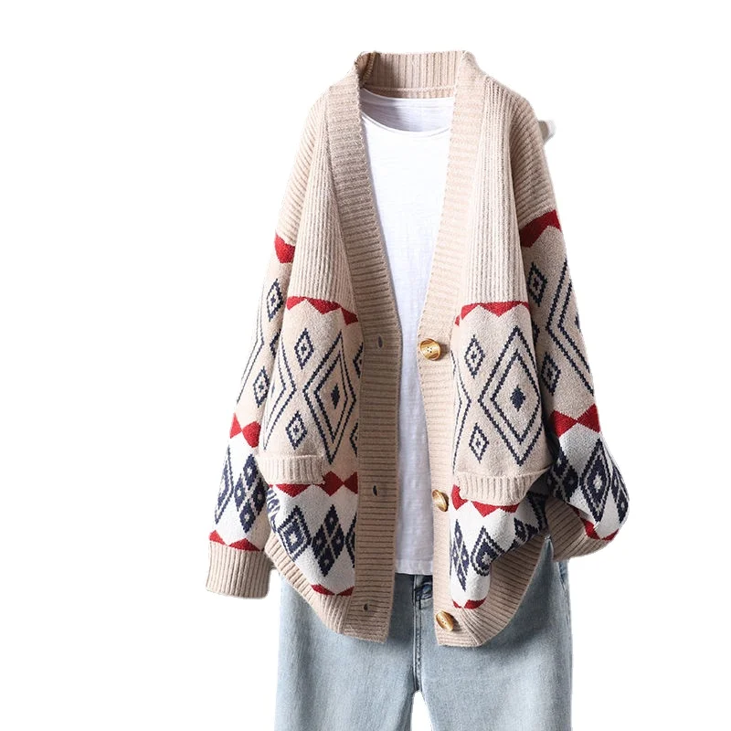 

Autumn Cardigan Women's Sweater 2022 New National Style Knitted Sweater Women Retro Literary Jacquard Long Sleeve V Neck Coat