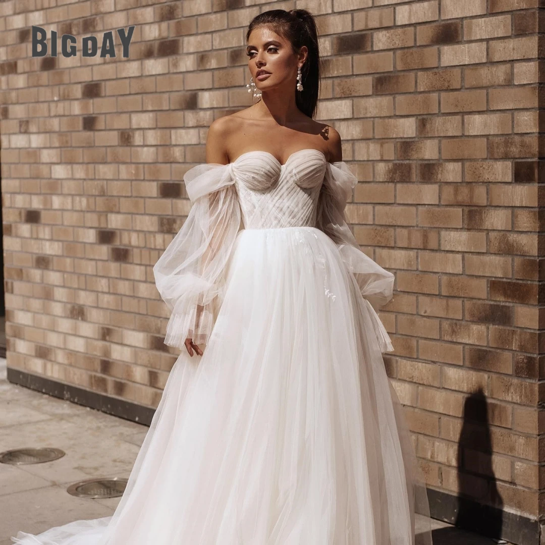 

Exquisite Wedding Dresses For Woman 2024 A-Line Strapless Lace Up Puffy Sleeves Tulle Court Train Bride Gown Vestidos De Novia