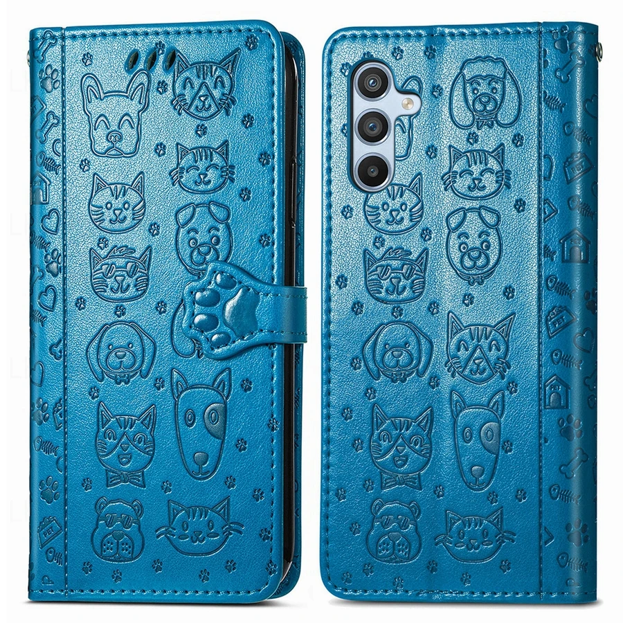 Leather Wallet Flip Case with Cat and Dog Motif Cover