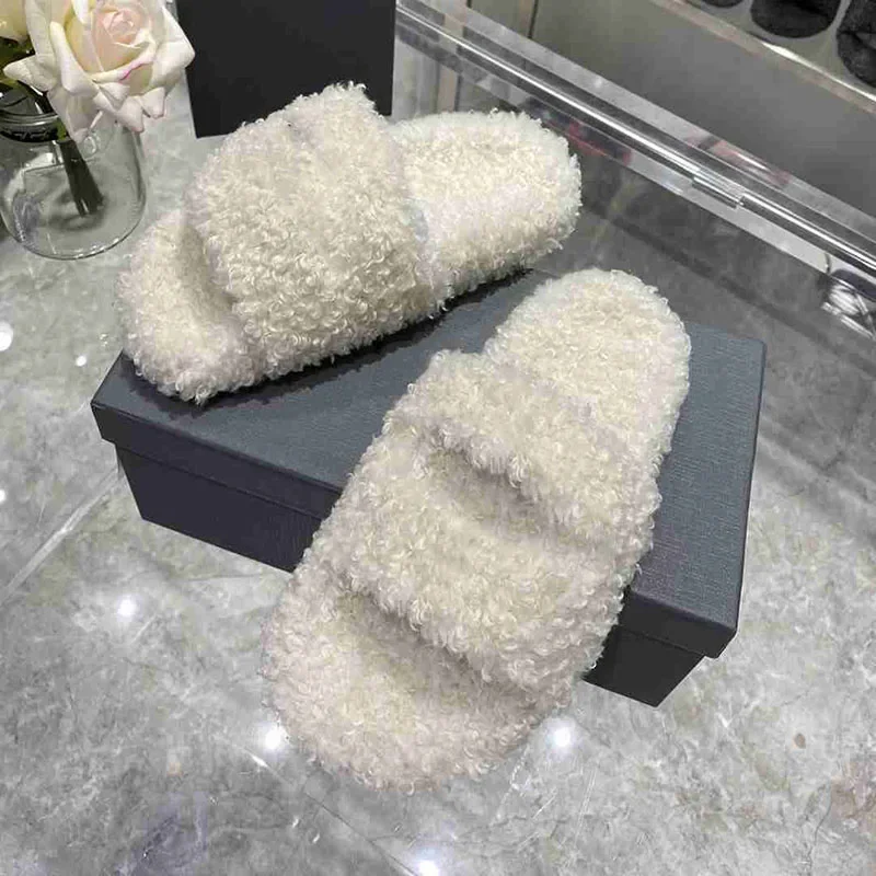 

2023 popular Autumn Wool Slippers Women Round Toe Flat Slides Woman Comfort Mules Luxury Fur Winter Shoes Half Slippers Women