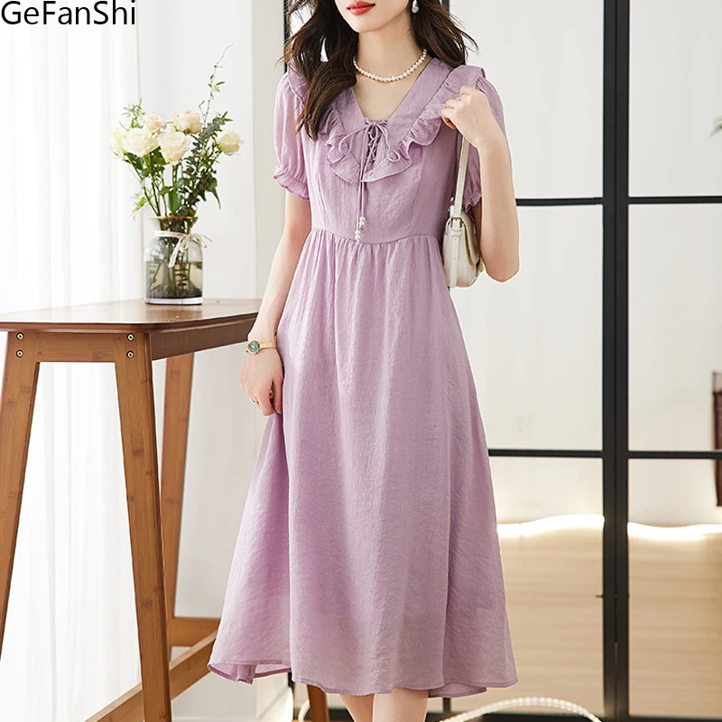 

2023 New Holiday Summer Short Sleeve Solid Ruffles V-neck Slim Fashion Women Elegant Dress Office Lady Midi Dresses Clothing