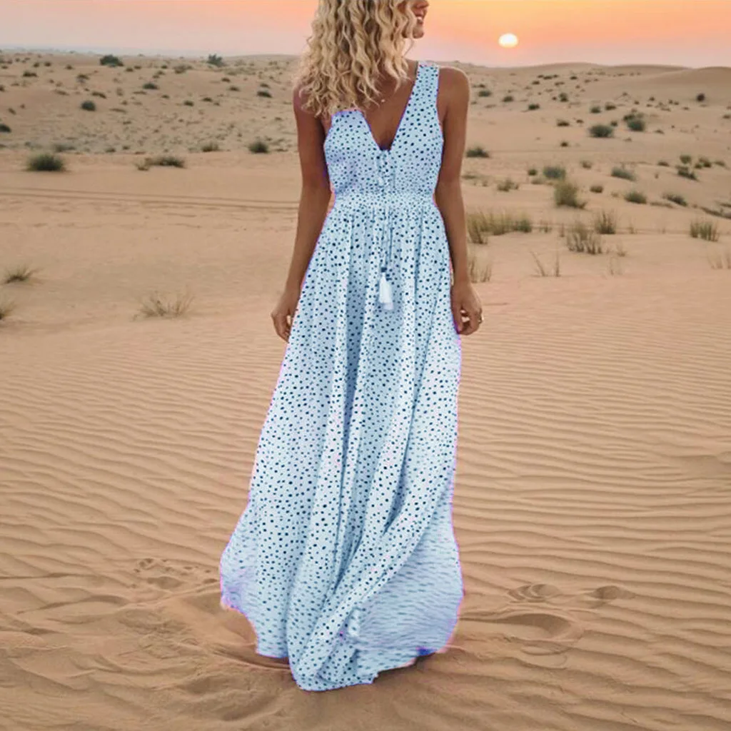 

Beach Cover Up Dress Summer V-Neck Sleeveless Maxi Beach Polka Dot Bohemian Dresses for Women Floor-Length Printing