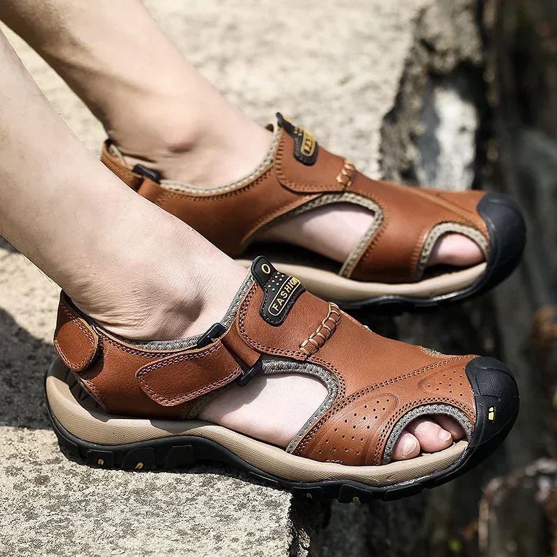 Luxury Men's Breathable Leather Outdoor Sandals - Non-Slip Beach & Wading Shoes