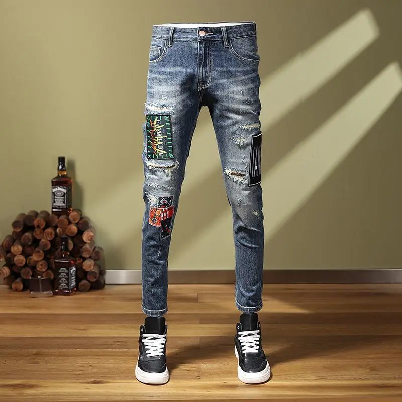 

Fashionable and personalized distressed patch men's high street handsome jeans slim fit small leg long pants summer casual pants