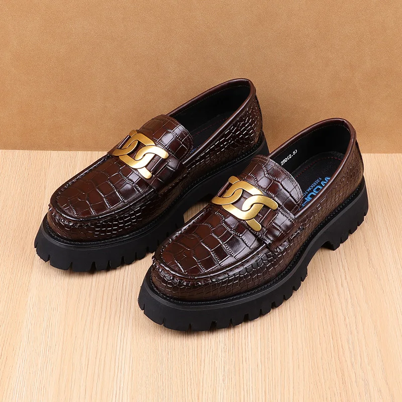 Men's shoes, thick sole, round head, embossed pattern, leather, style, high-grade wedding shoes, handmade, buckle, work we