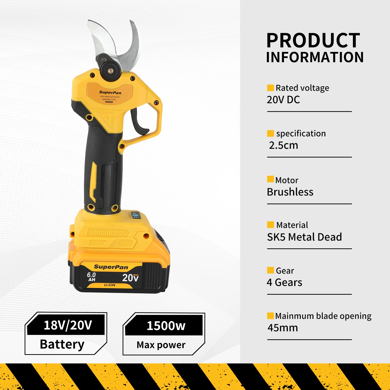 슈퍼팬 배터리 전정가위, 미끄럼 방지 손잡이, 대나무 전정용 2.5cm 절단, 디월트 20V 배터리 핀 호환