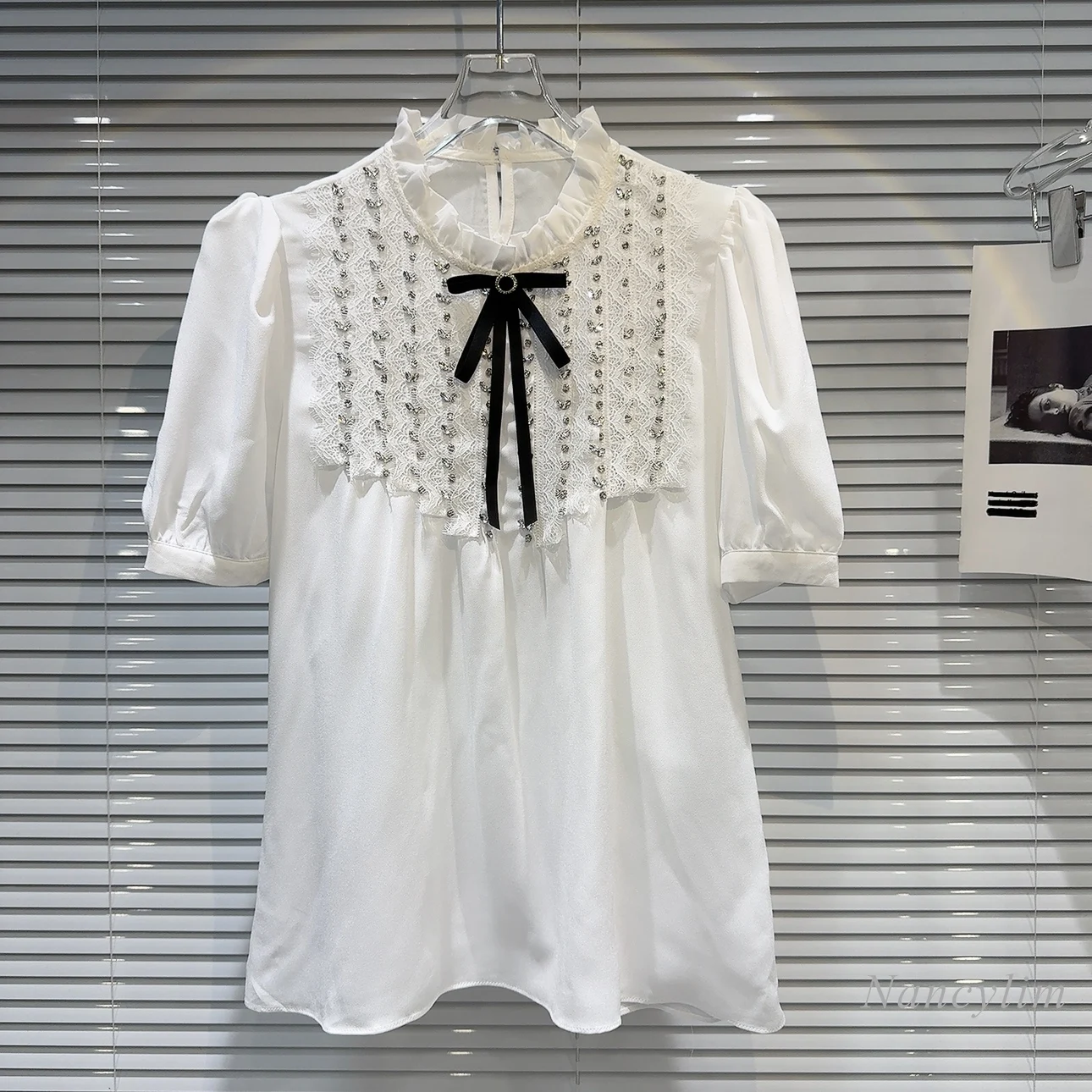 

Женская шифоновая блузка с коротким рукавом, элегантная белая блузка в классическом стиле, украшенная бусинами, с бантом, лето 2024