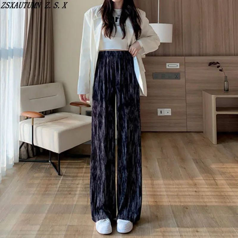 

Pleated Wide Leg Pants Women's Summer New High Waist Casual Trousers Ice Silk Bandhnu Vintage Baggy Straight Pantalon Black Ash