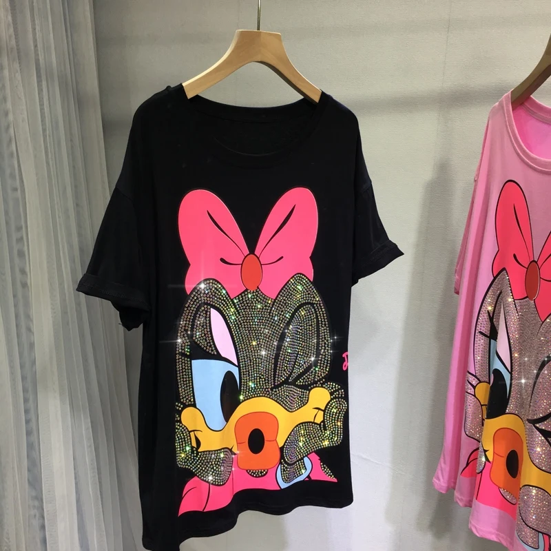 

Luxury Hot Drilling Women Tshirts 2023 New Summer Cute Cartoon Diamonds Mid-long Top Short Sleeve Trendy Black Cotton Tees