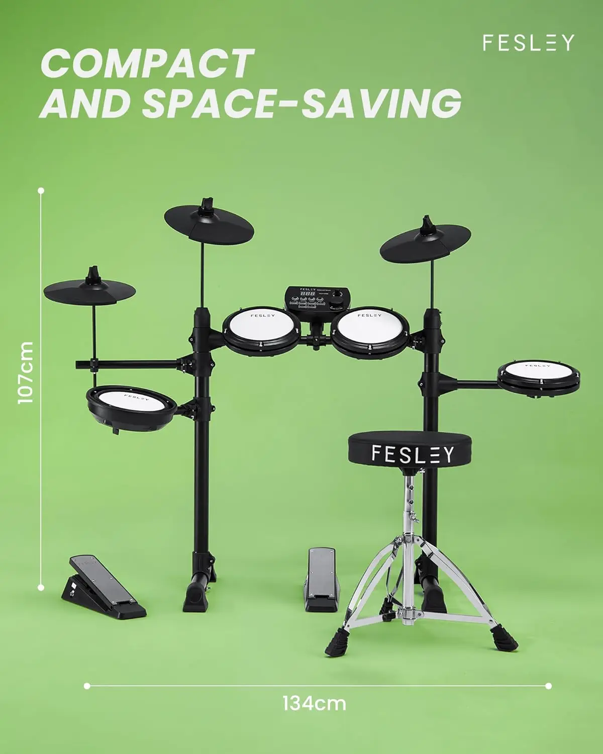 Fesley FED150W Electric Drum Set Electronic Drum Set with 4 Quiet Mesh Pads Dual Zone Snare Drum Portable Set