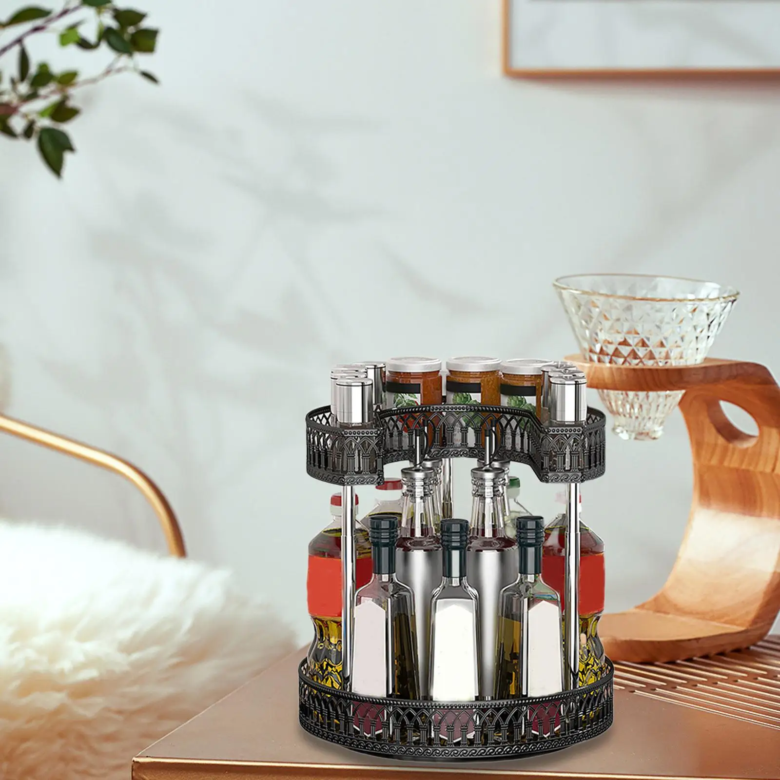 

Spice Rack Rotating Cosmetic Storage Rack Spice Jars Holder Makeup Organizer 2 Tier Turntable Stand for Bedroom Cabinet Kitchen