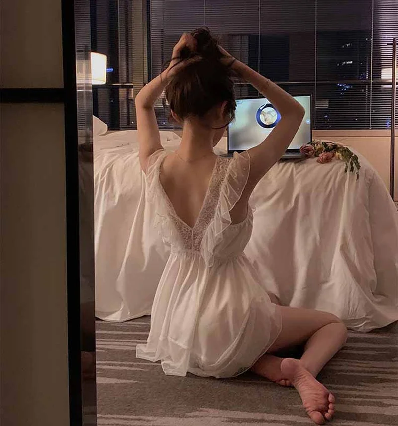 로맨틱 프린세스 레이스 트림 슬립웨어 브이넥 롱 드레스 섹시한 투명한 외관 달콤한 요정 나비 매듭 홈웨어