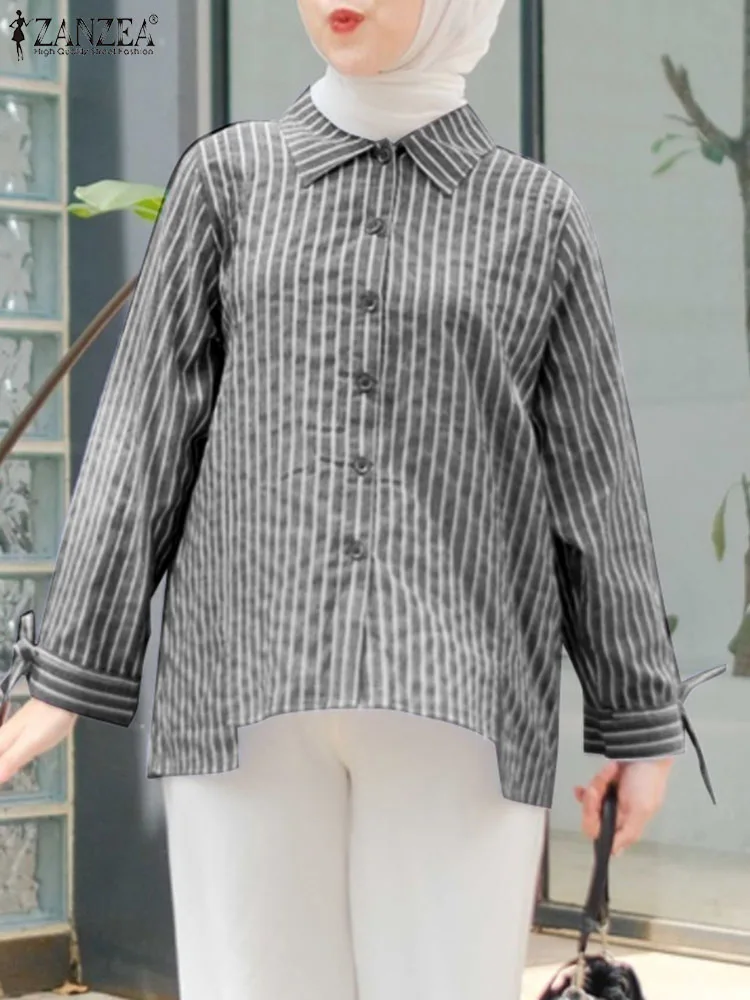 

ZANZEA Women Lapel Neck Long Sleeve Striped Blouse Autumn Shirt Fashion Dubai Turkey Abaya Muslim Tops Vintage Work Blusas Mujer