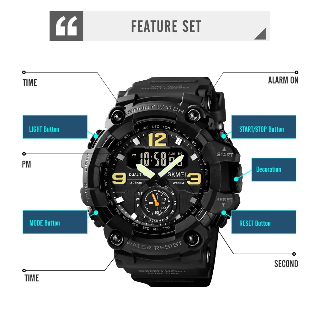 Sports Watch SKMEI 1637 Dual Movement 3 Time Sport Wristwatch Mens Waterproof Electronic Watches montre homme Shockproof Digital Men Watch
