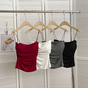 608-cbb239.png pour femme, sous-vêtement, camisole ajustée, haut court sexy avec fines bretelles, débardeur blanc uni, style coréen