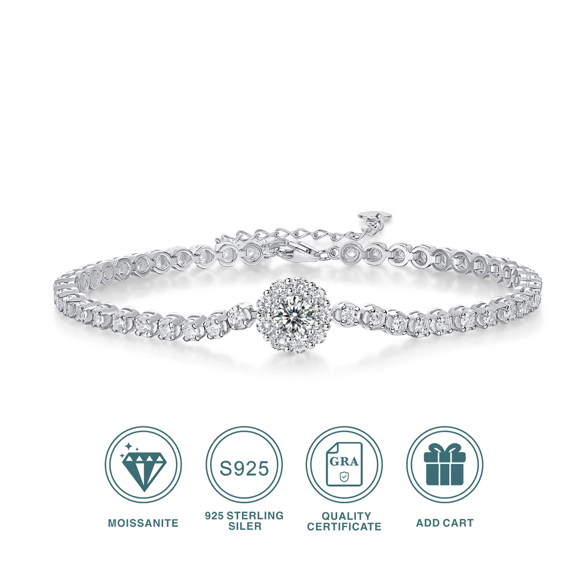 JIU ZUAN 5.0mm D Color Round Cut Moissanite Bracelet Pass Diamond Tester GRA Sterling 925 Silver Tennis Bracelet for Women
