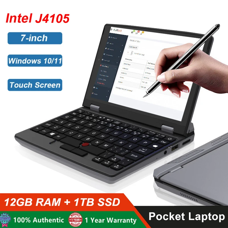 Mini Laptop Da 7 Pollici J4105 Notebook Ips Touch Screen Netbook Portatile Win 10 Pro Mini Pc Micro Computer Bluetooth 4.2 12G 1Tb