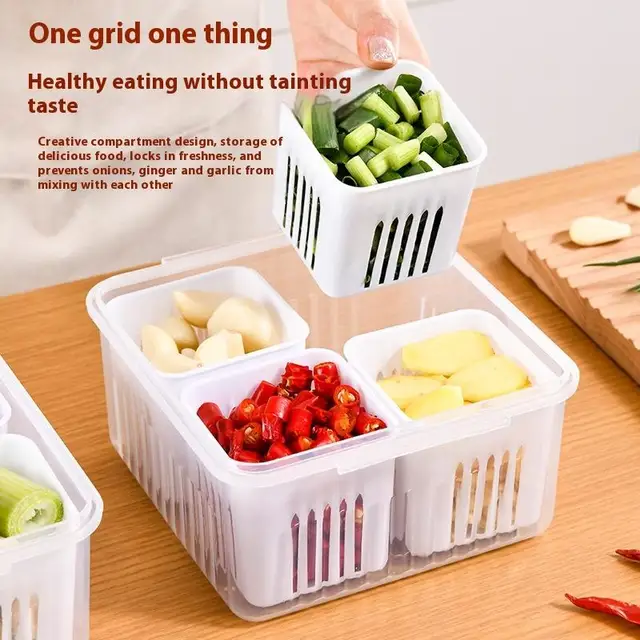 Boîte de rangement pour réfrigérateur, 4 grilles, aliments, légumes, fruits, organisateur de réfrigérateur, panier de vidange, viande, oignon, gingembre, bac à légumes transparent 1