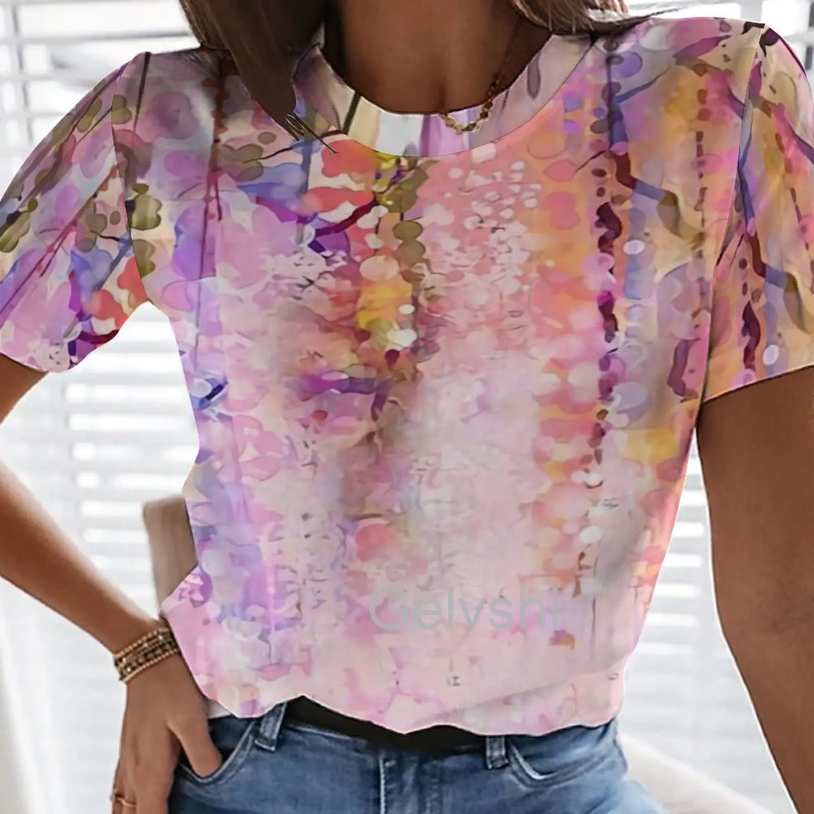 Women T-shirts Floral Gradient 3d Print T Shirt Female Short-sleeve Streetwear y2k Clothes Vintage Stitch Tops Aesthetic Blouses graphic tees Tees