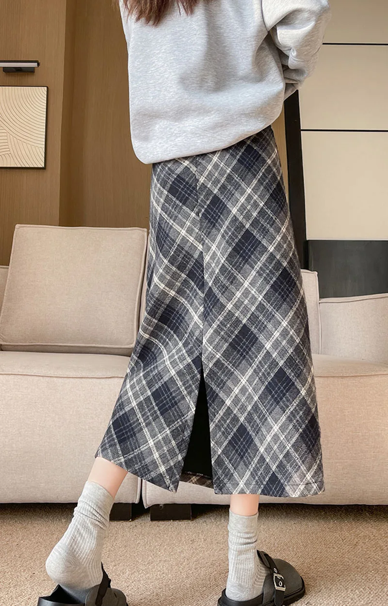 Vintage Woolen Plaid Röcke für Frauen Herbst Winter Hohe Taille Split Langen Rock Weiblichen Koreanischen Streetwear Kontrast A-linie Rock – Detail 7