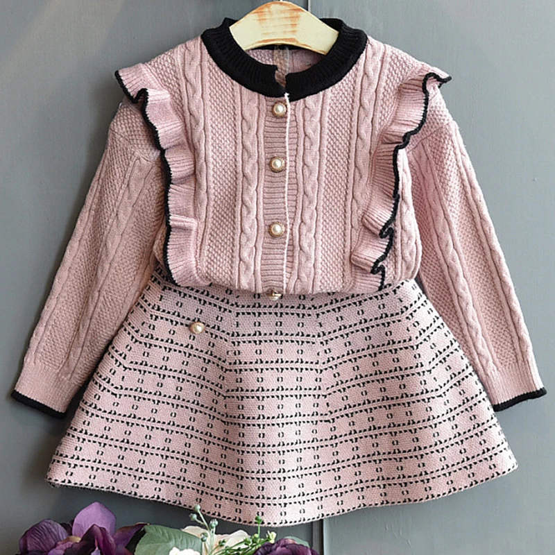 

Spring Fall Baby Girl Clothes Korean Fashion Plaid Cardigan Knitted Sweater+Skirt Boutique Kids Clothing Children's Sets BC1668