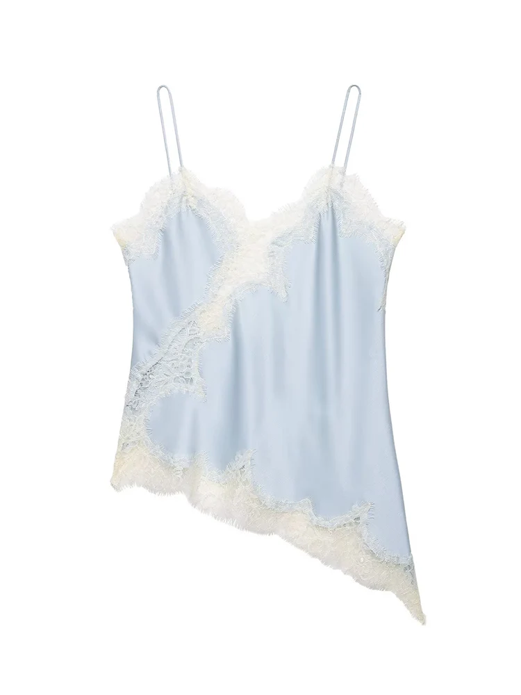 TFMLN Woman Sexy Asymmetrical Hem Sling Top V-neck Sleeveless Backless Hollow Lace Splice Summer Slim Tops Fashion Elegant