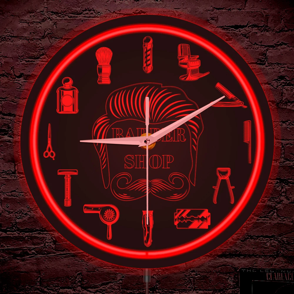 Barber Shop Red Neon Logo Metal Frame Wall Clock for Man Cave Barbering Business Sign Flexible Flex illuminated Neon Wall Clock
