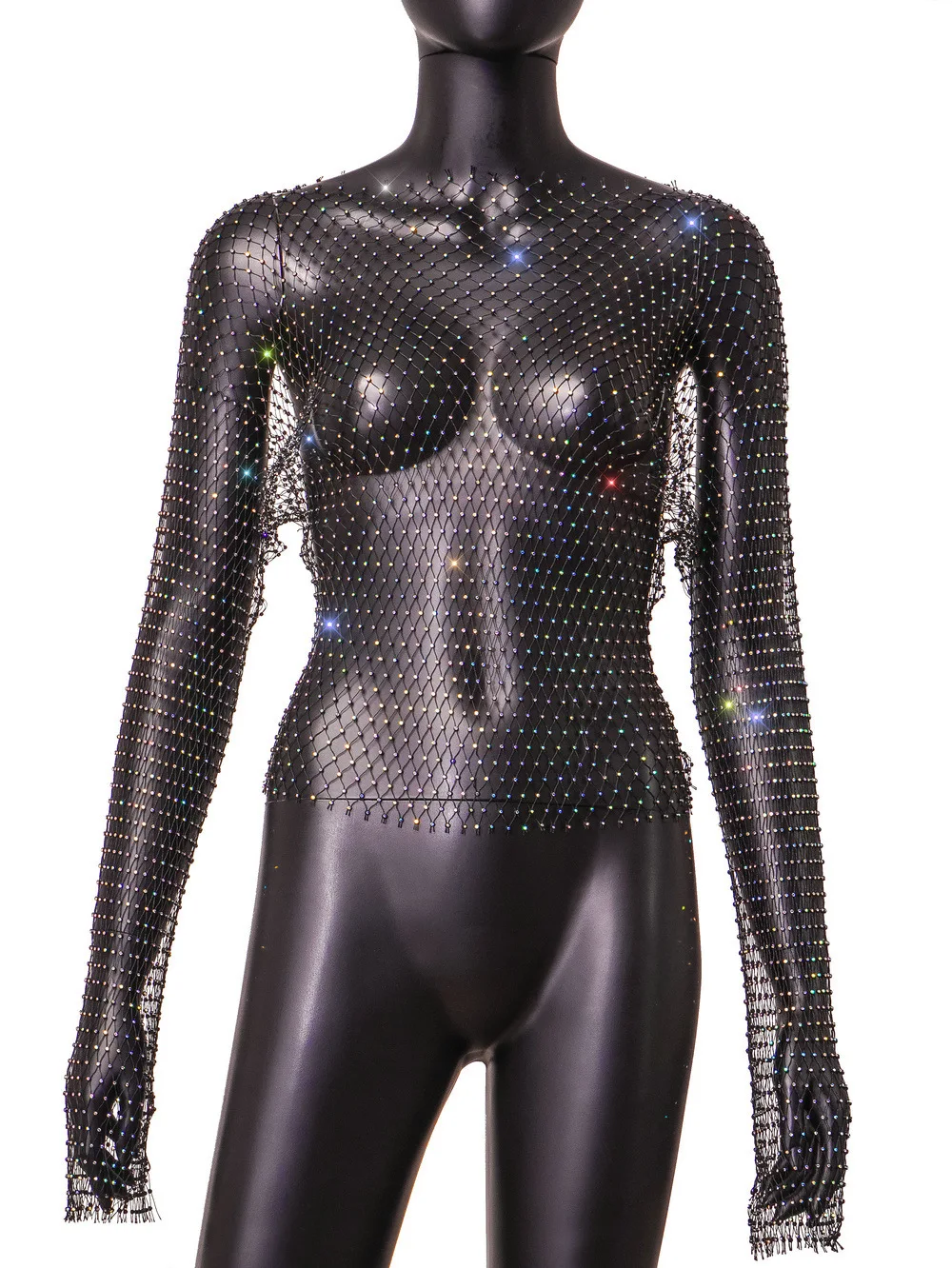 thumbnail image 1 of Tops de mujer Top de manga larga con cuello redondo y diamantes de malla para mujer, 1 of 5