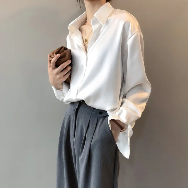 Korean solid color temperament shirt spring new item loose slimming long sleeved lapel shirt for women 2