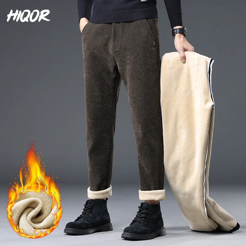HIQOR Men\'s Winter Clothing New Thicken Warm Man Pants Winter Men Trousers Business Straight Baggy Pants Korean Fleeced Clothing
