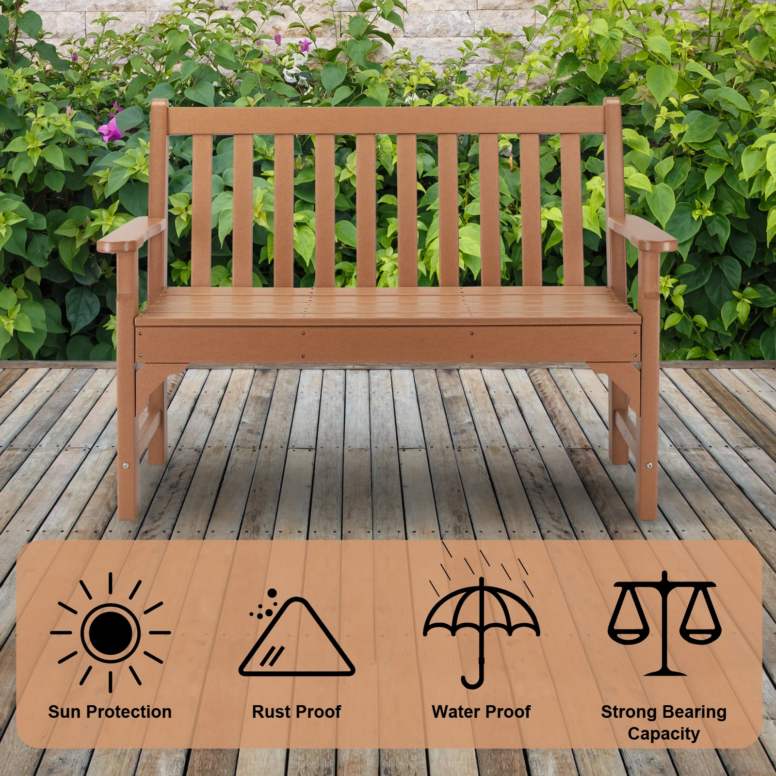 49in Vertical Backrest Teak Color HDPE Bench 4