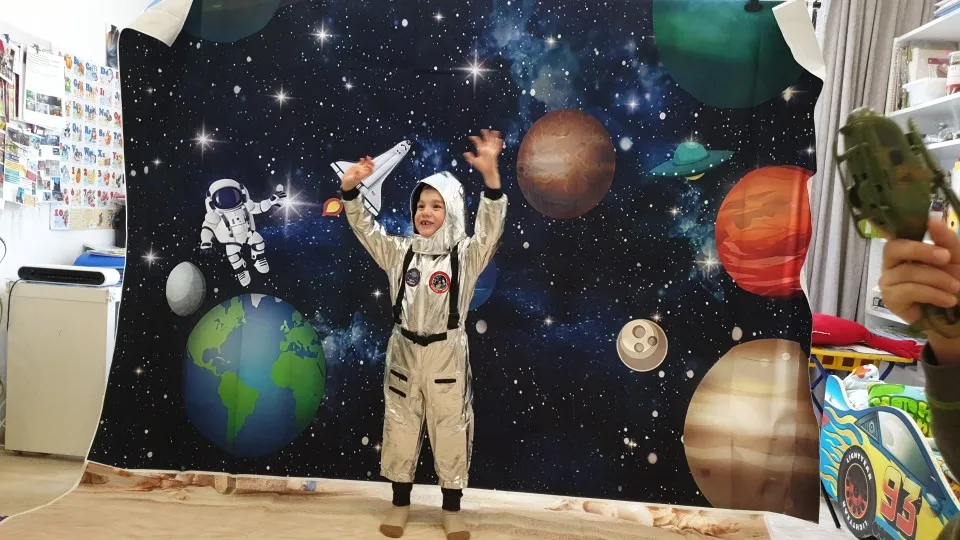 우주 지구 우주 행성 우주 비행사 배경 별이 빛나는 하늘 우주선 생일 파티 사진 배경 Photozone 배너