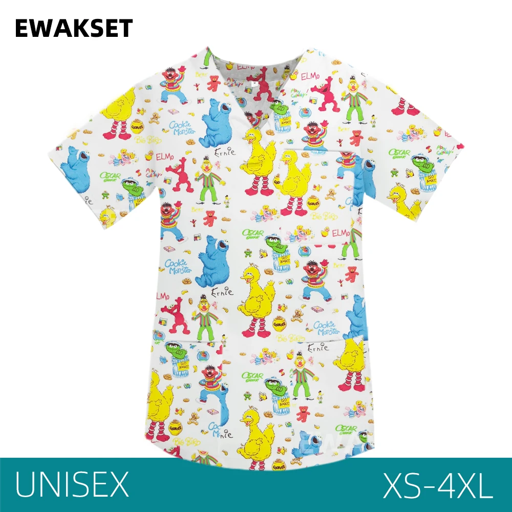 Cartoon Print Medical Scrubs uniforms women Unisex Nursing accessories surgical uniform v-neck overalls nurse doctor t-shirt top