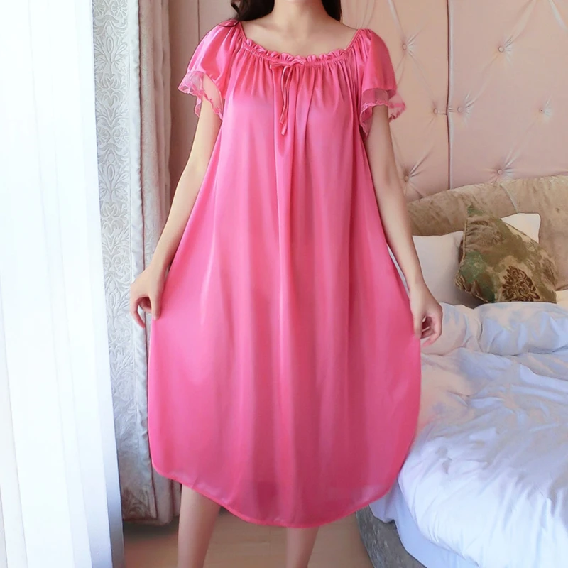 Women Night Gowns Sleepwear Lace Patchwork Nightwear Long Sleeping Dress Casual Ladies Home Dressing