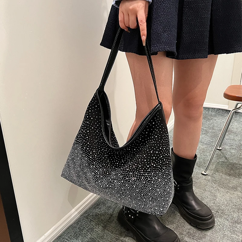 New Fashion Retro Design Tote Bag Shiny Rhinestone Shoulder Handbag Women Elegant Casual Large Capacity Underarm Purse