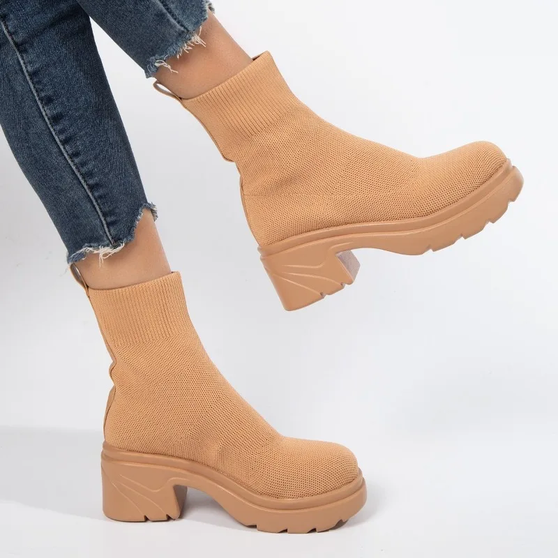 

Women Breathable Knitted Sock Boots 2024 Winter Autumn Fashion Mesh Warm Square Platform High Heels Short Ankle Boots Shoes