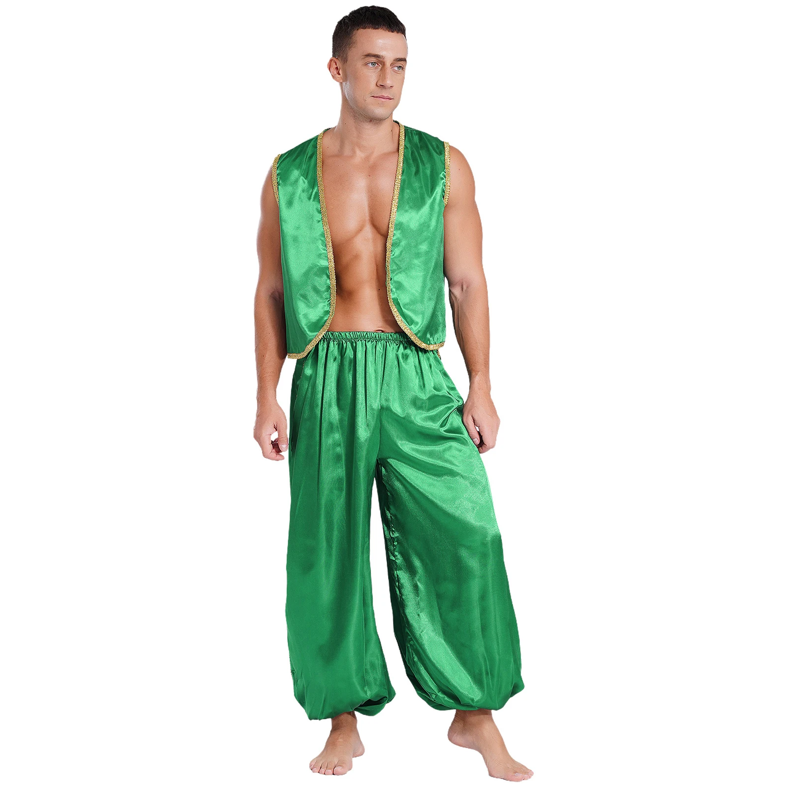thumbnail image 1 of Conjunto de satén con adornos dorados del príncipe árabe de Halloween para hombre, chaleco abierto por delante y pantalones de cintura elástica, trajes de danza del vientre para Cosplay de cuentos de, 1 of 5