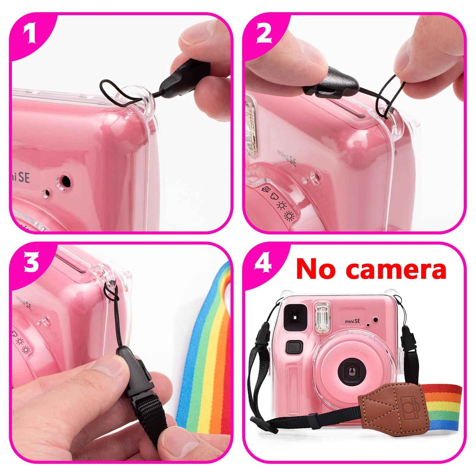 4-piece camera case set for Instax Mini SE camera, hard pvc shell with shoulder strap and decorative stickers-(no camera)