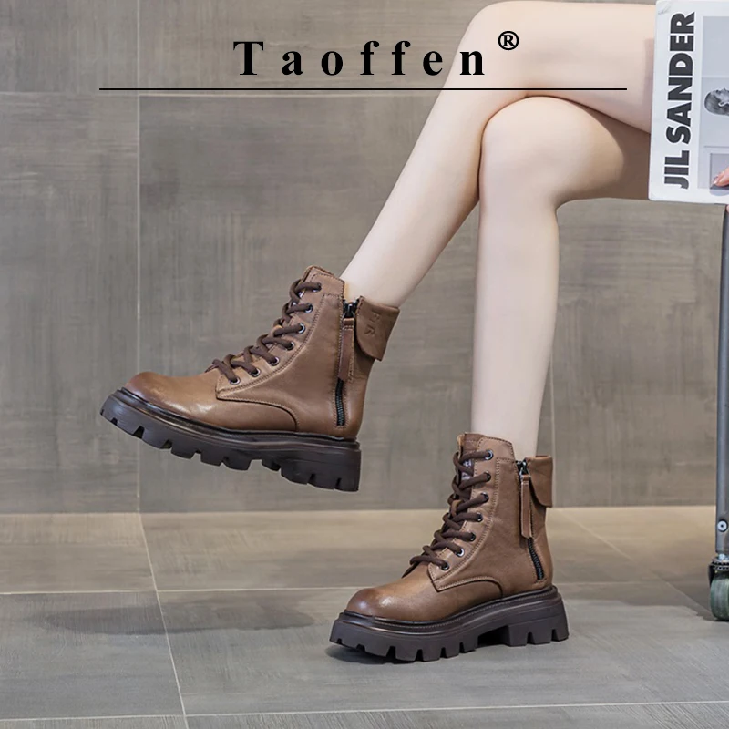 

Taoffen Casual Ankle Boots For Women Lace up Block Heels Round Toe Anti-slip Boots Thick Water Proof Zipper Office Lady Shoes