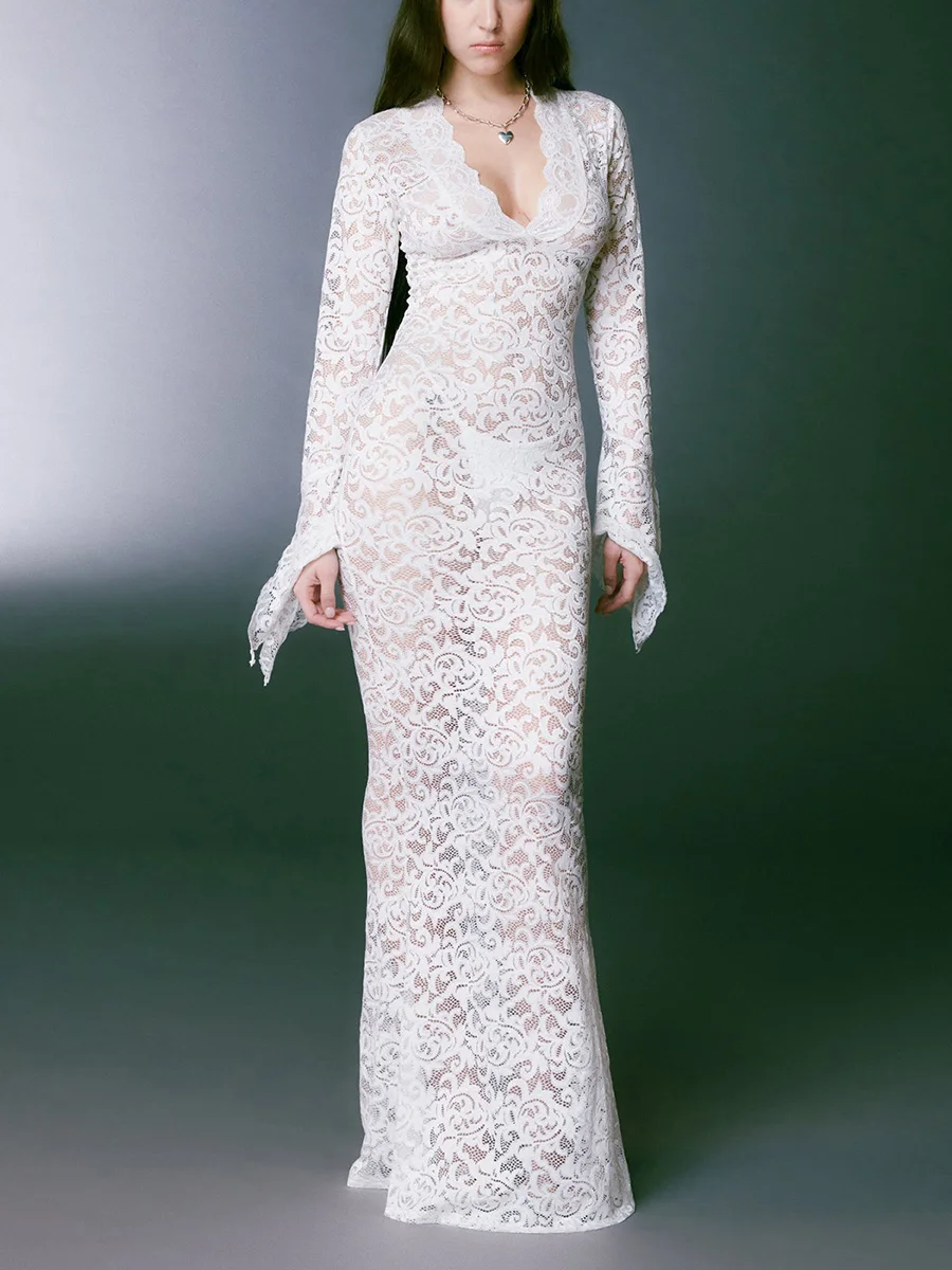 

Women's Sexy Deep V See-Through Lace Long Fitted Dress Long Sleeve Sheer Mesh Evening Dress Lace Floral Party Swimwear Cover Ups