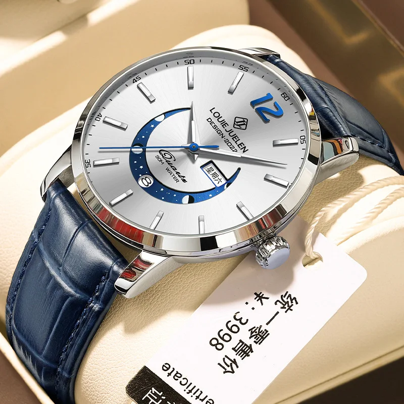 

Moon Phase Luminous Waterproof Brand Watches Men's Fashion Leather Strap Quartz Watches Wholesale