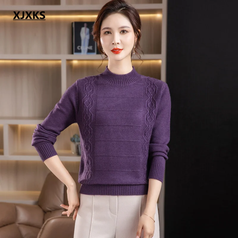 

XJXKS 2024 Winter Latest Solid Colour All-match Wool Knit Pullover Thickened Warm Knitwears Women's Turtleneck Sweaters Jumper